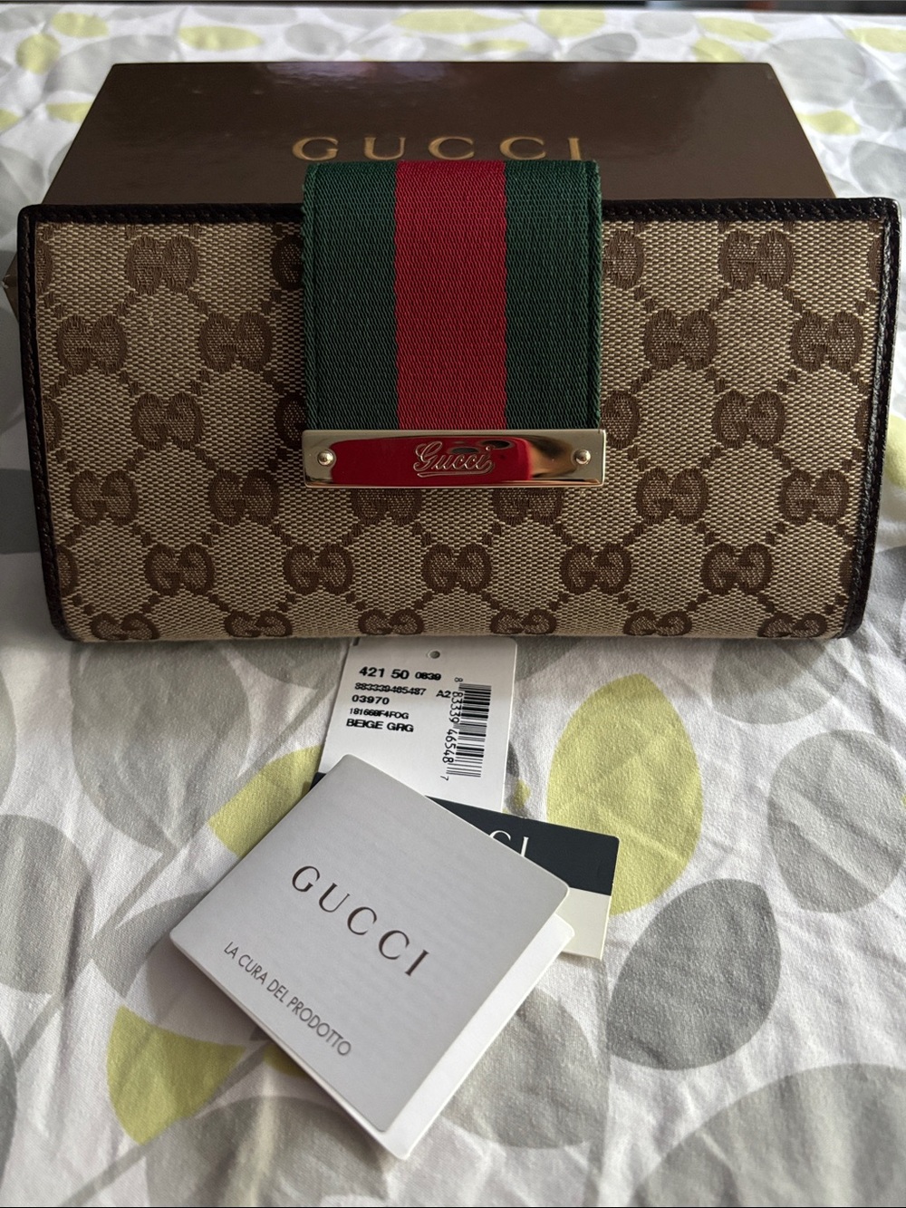 Gucci Beige Brown Monogram Wallet with Green-Red Stripe